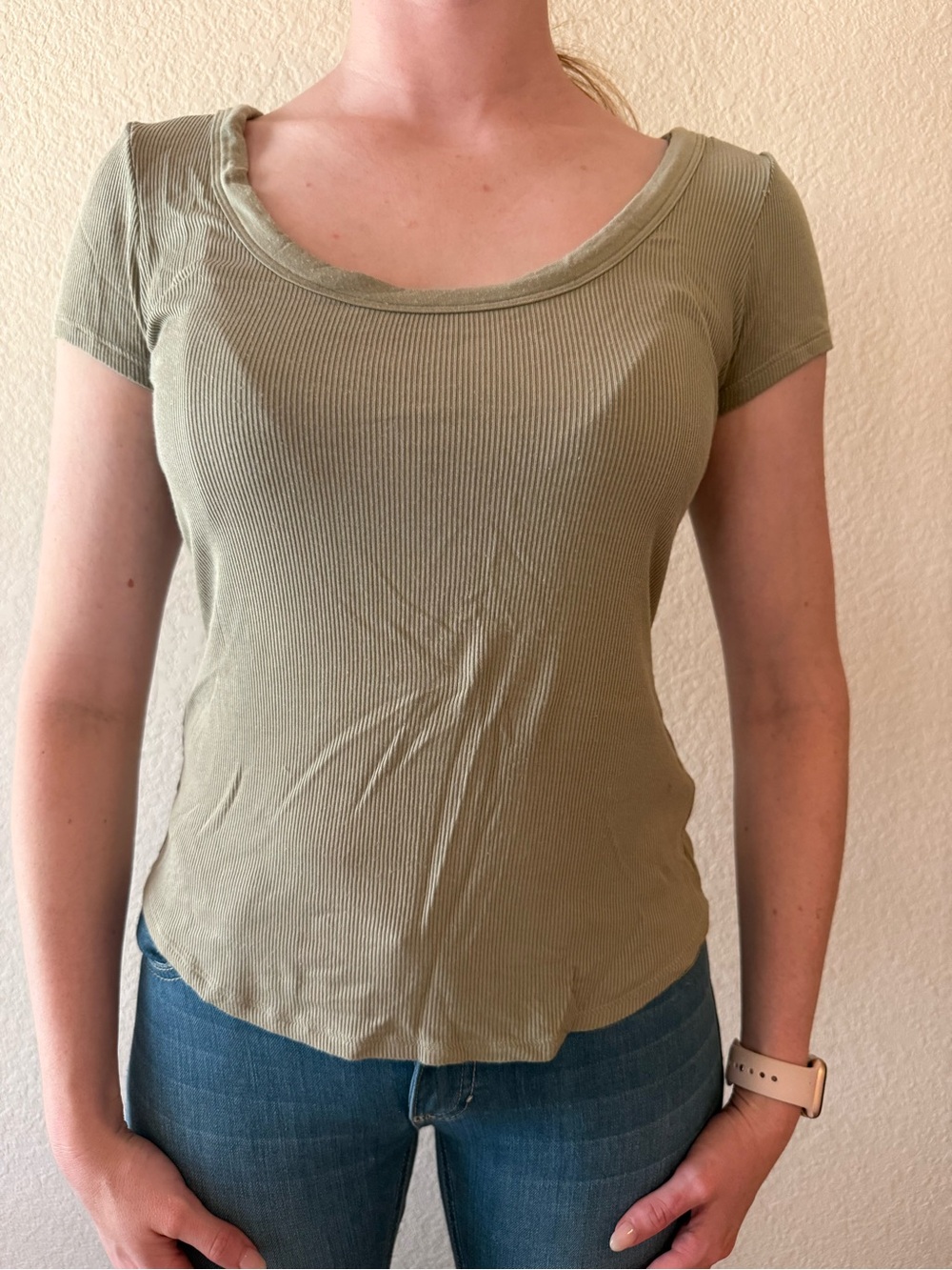 American Eagle Outfitters Olive Scoop Neck Ribbed Tee